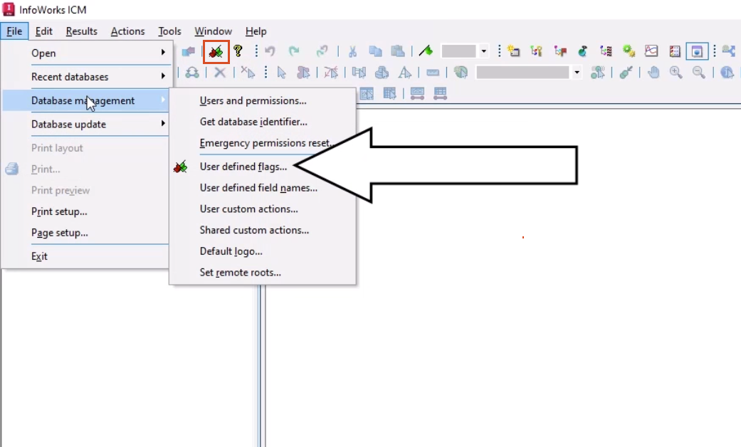 The InfoWorks ICM interface with Database management selected in the File menu, and in the flyout, User defined flags called out; and in the File toolbar, the User Defined Flags button highlighted in red.