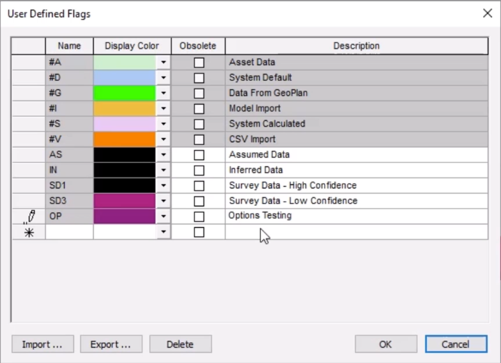 The User Defined Flags dialog box with five new entries in the Name and Description columns for this exercise.