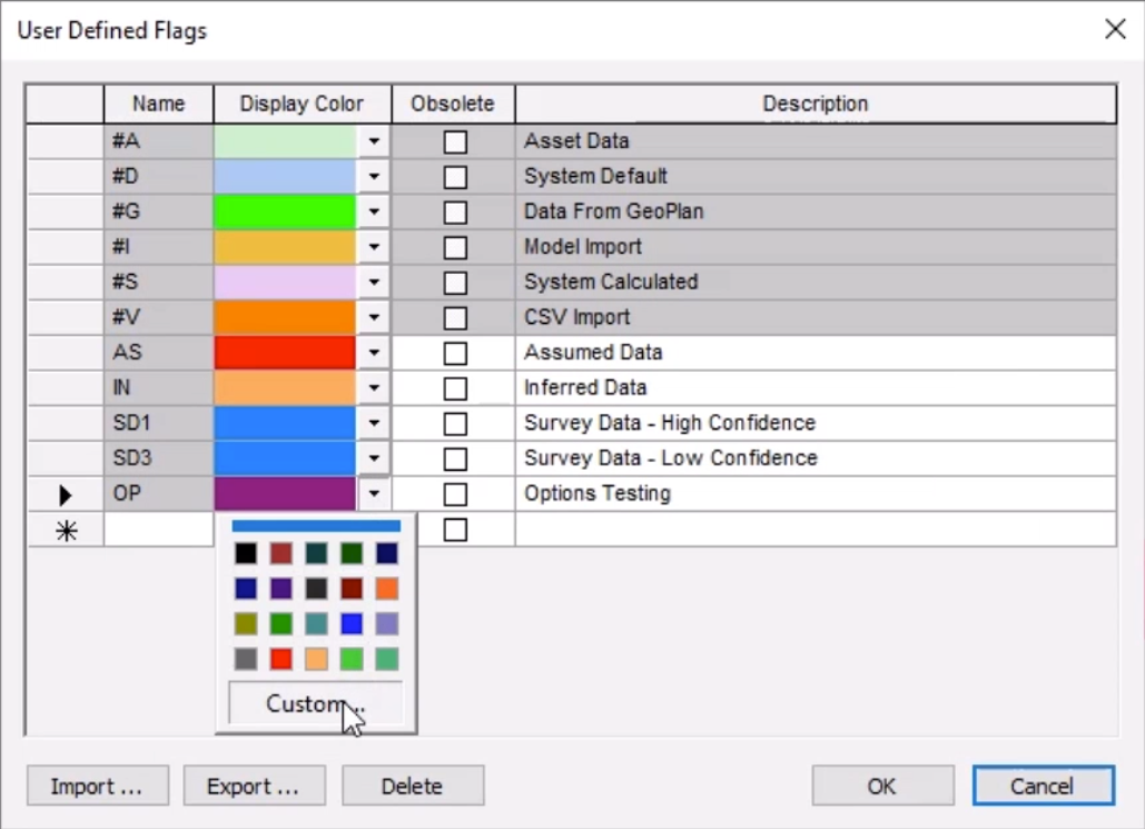 In the User Defined Flags dialog box, Display Color column, colors are selected for four of the new flags, and for the fifth, the color palette is expanded with Custom selected.