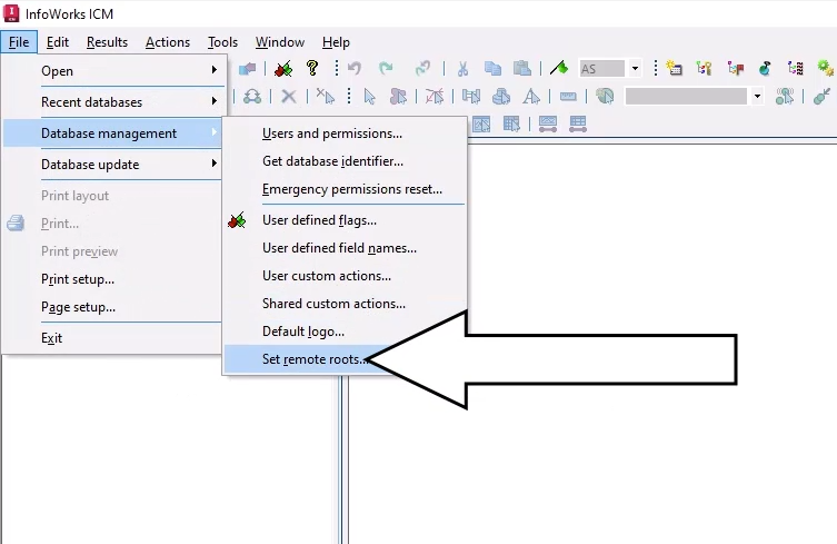 In the InfoWorks user interface, the File menu expanded with Database management selected, and in the flyout, Set remote roots selected and called out.