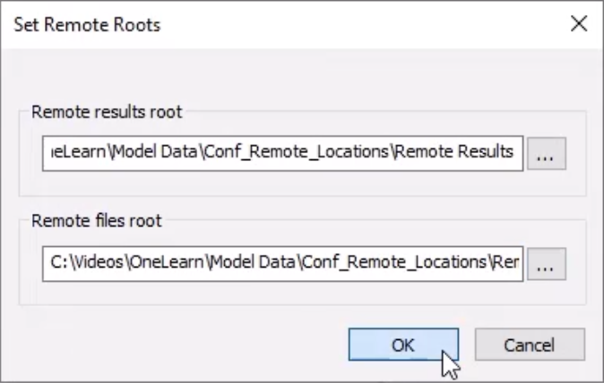 The Set Remote Roots dialog box with paths specified for both the Remote results root and the Remote files root, and OK selected.