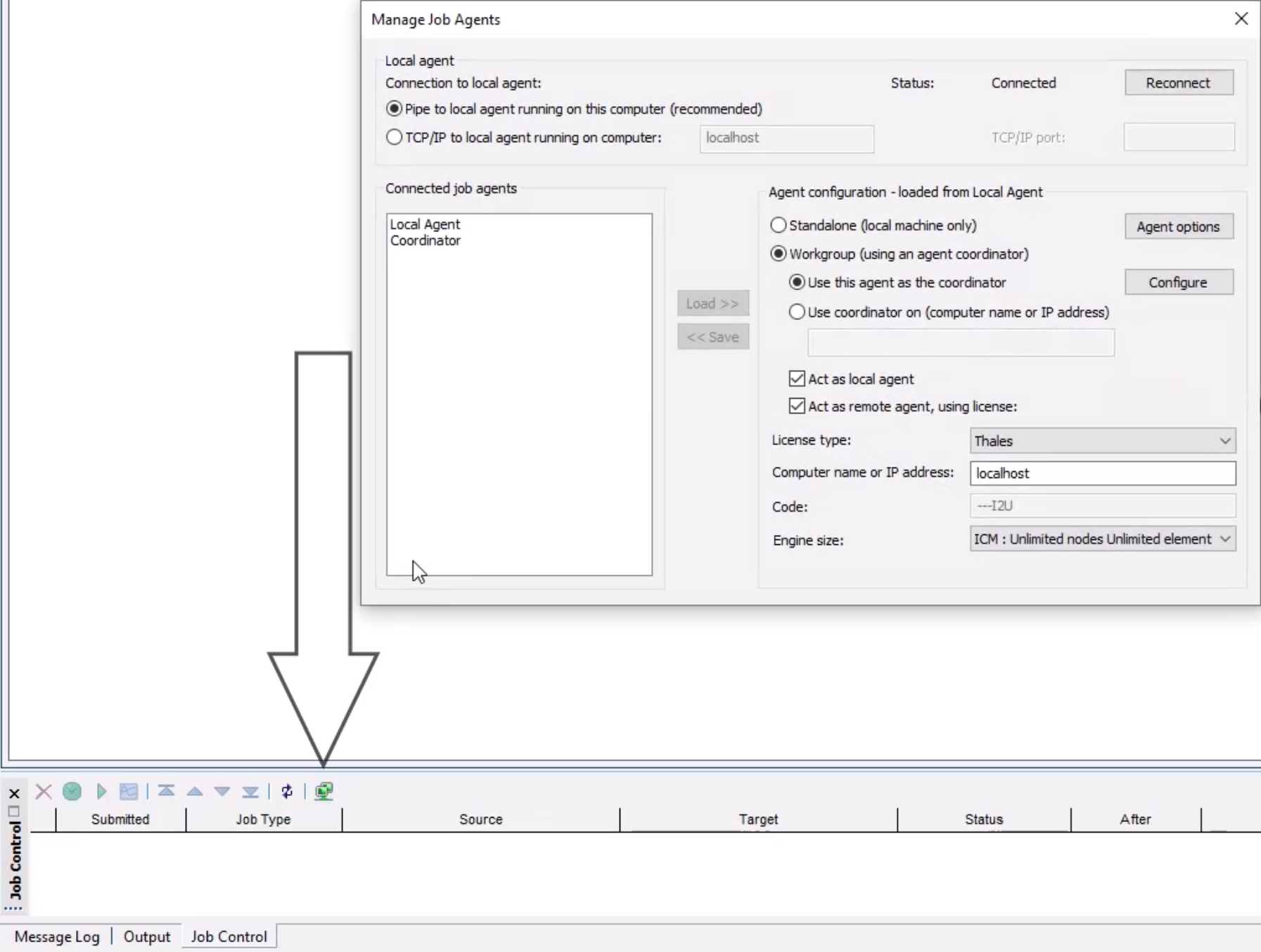 The Manage Job Agents dialog box for managing the connection to the local agent and the configuration of connected agents, and in the Job Control Window, the Manage agent button called out.