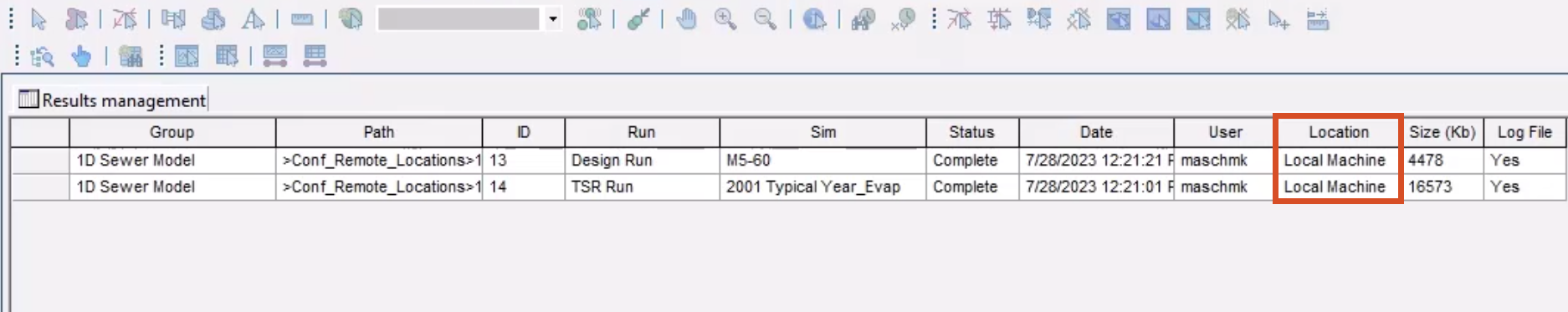 The Results management grid window with the Location column highlighted in red.