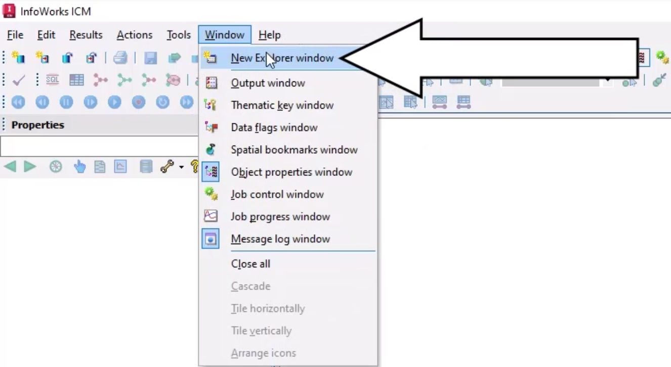 In the InfoWorks ICM interface, the Window menu expanded with New Explorer window selected and called out.