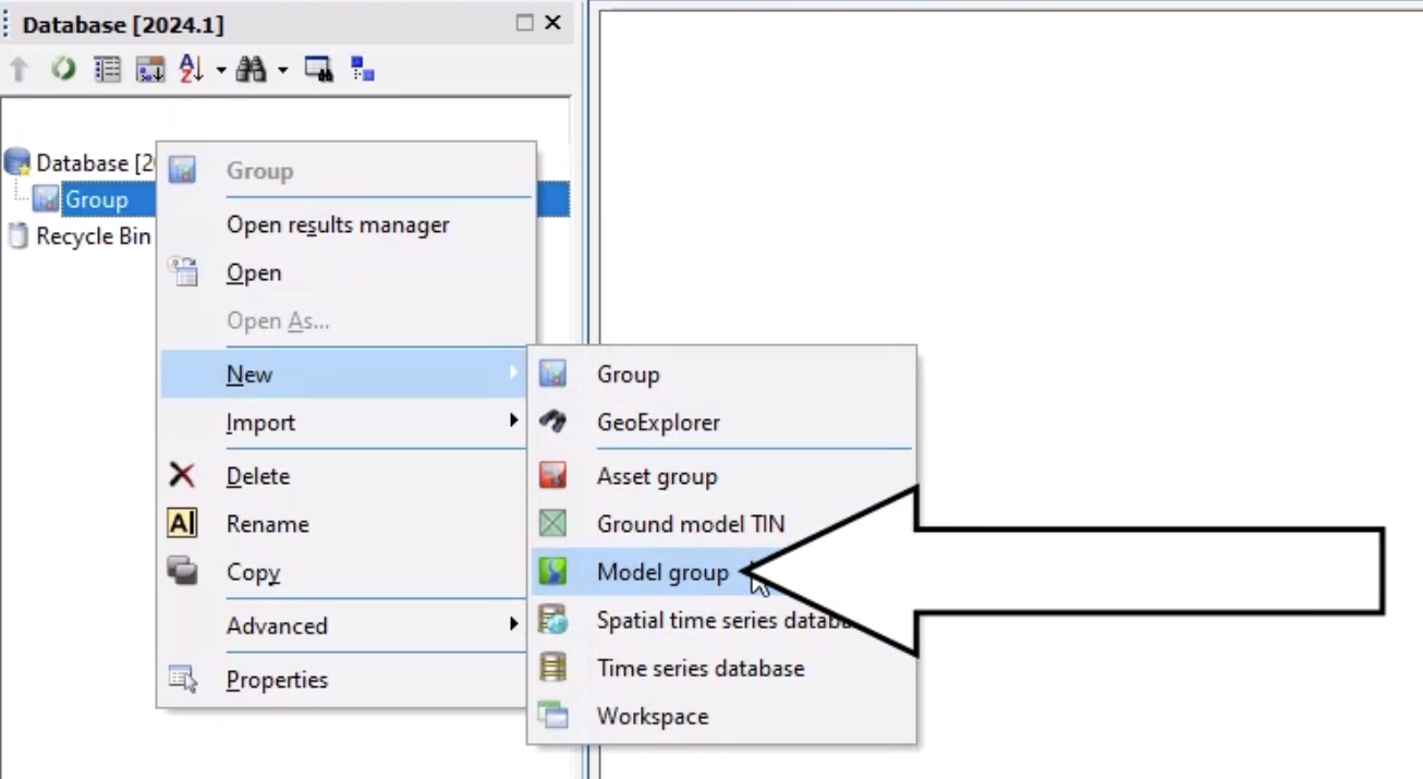 In the Explorer window, the main group shortcut menu with New selected, and in the flyout, Model group selected.