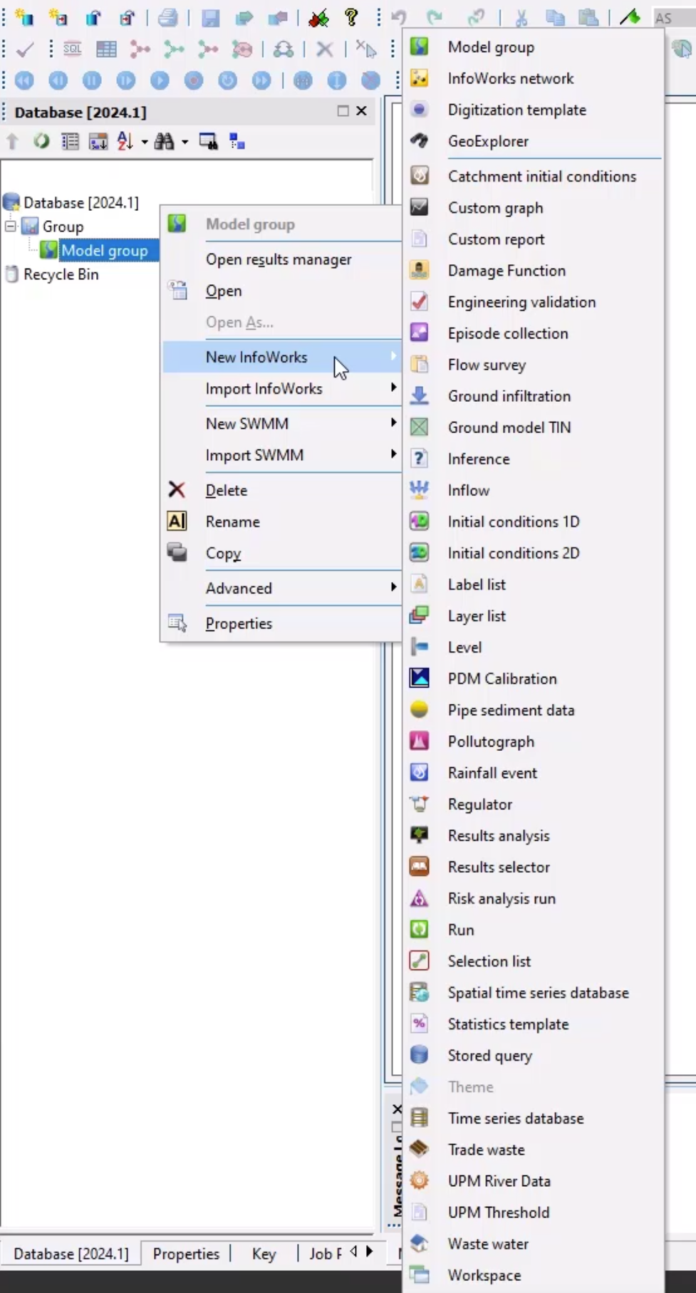 In the Explorer window, the Model group shortcut menu with New InfoWorks selected, and in the flyout, an extensive list of objects that can be created for that model.