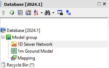 The InfoWorks ICM Explorer window database view, with a Model group, network, and network objects.