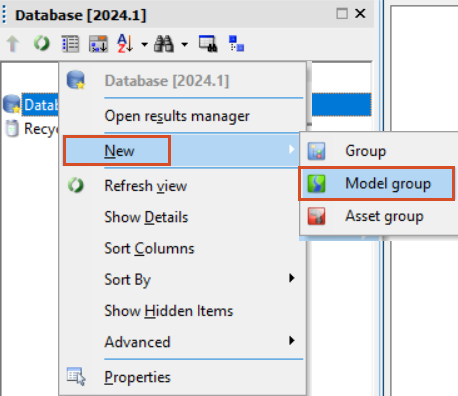 In the InfoWorks ICM interface, the Database shortcut menu with New selected, and in the flyout, Model group selected.