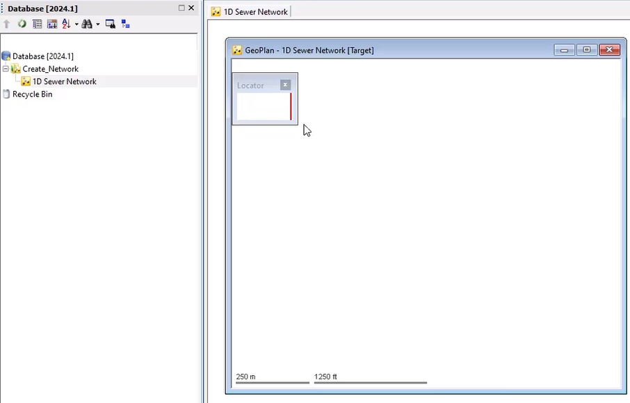 The blank GeoPlan view for the newly created 1D Sewer Network.