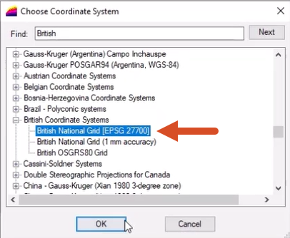 The choose Coordinate System dialog box with British National Grid [EPSG 27700] selected and highlighted, and OK selected.