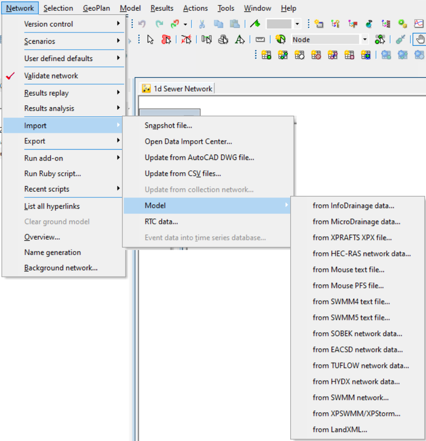 In the ICM interface, the Network menu with Import selected, and in the flyout, Model selected, with a flyout list of the types of network data that can be imported into ICM.