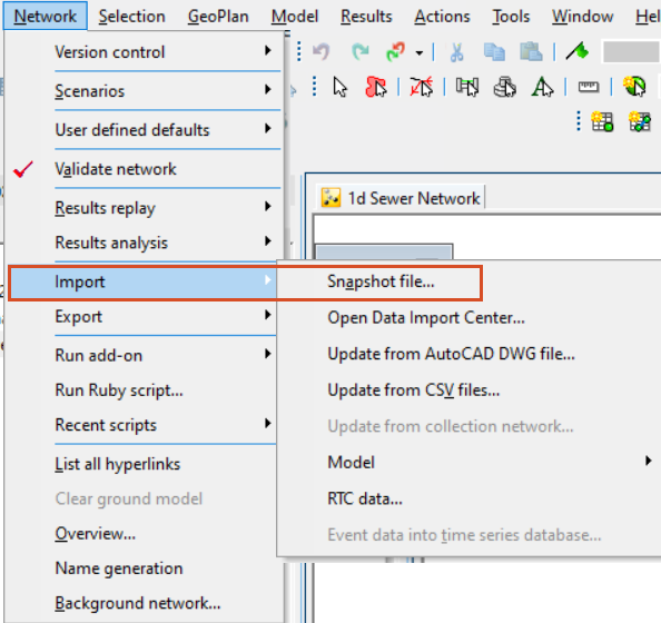 The Network menu with Import selected, and in the flyout, Snapshot file selected.