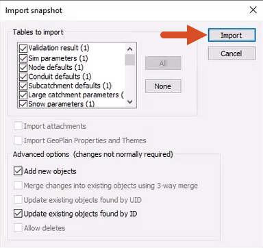 The Import snapshot dialog box, with options to further refine the imported data set to their defaults, and the Import button highlighted.