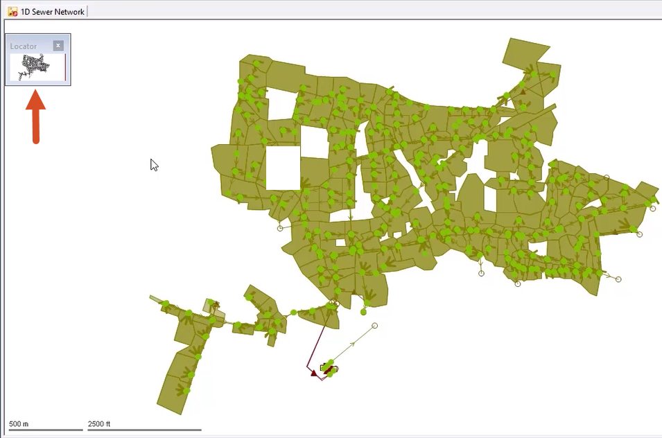 In the GeoPlan, the imported data from the network shows in the locator map, called out with a red arrow.