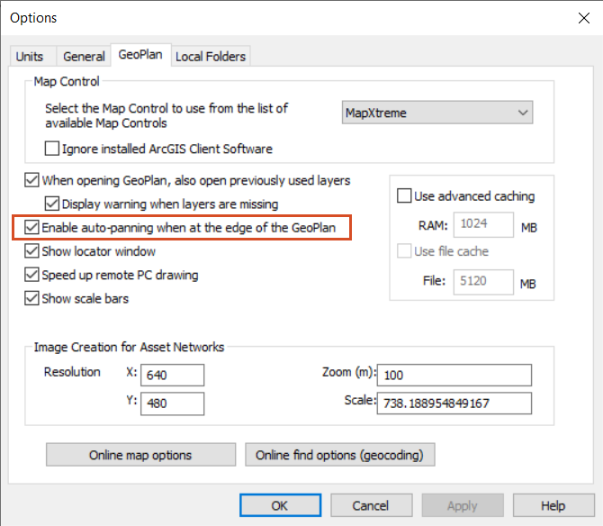 The ICM Options dialog box, on the GeoPlan tab, with the Enable auto-panning when at the edge of the GeoPlan setting selected and highlighted.