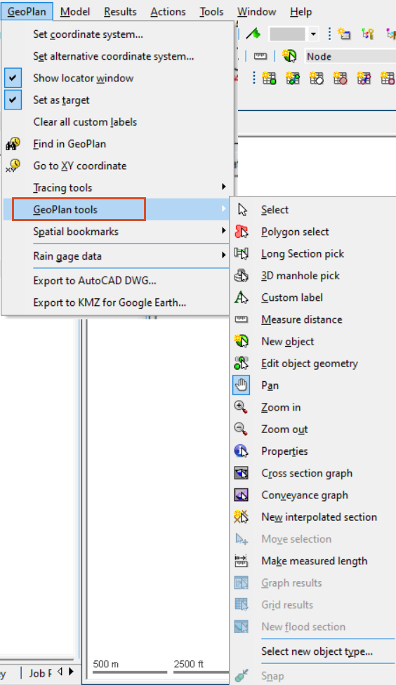 The GeoPlan menu with GeoPlan tools selected, and in the flyout, a list of available tools and corresponding toolbar symbols.