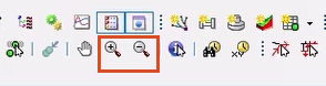 The ICM toolbars with the Zoom in and Zoom out buttons highlighted in the GeoPlan Tools toolbar.