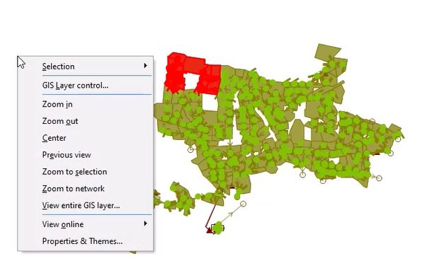 In the GeoPlan, the GeoPlan shortcut menu displaying additional zoom functions, such as Zoom to selection and Zoom to network.