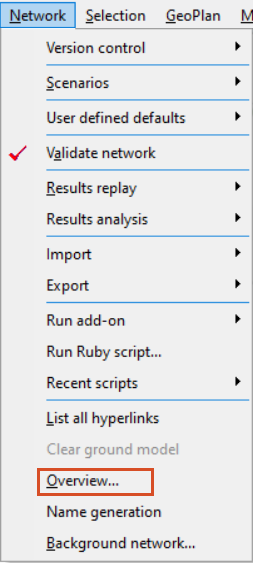 The ICM Network menu with the Overview option highlighted.