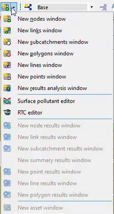 The Windows toolbar, showing the Grid windows dropdown expanded, with New nodes window first in the list of options.