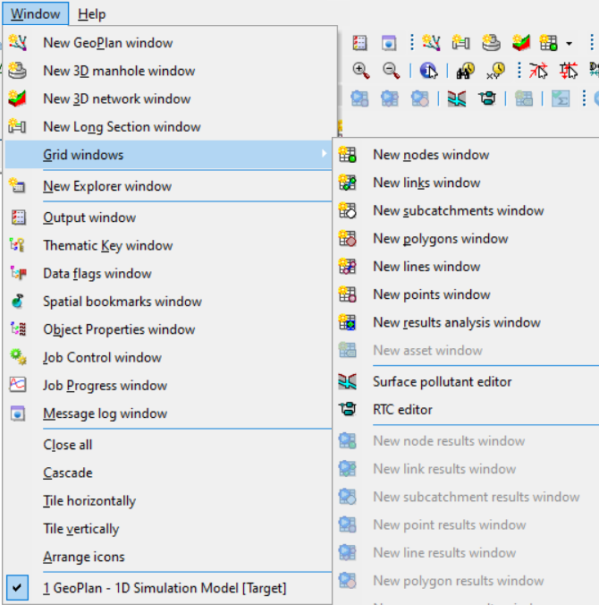 The Window menu with Grid windows selected, and a flyout listing grid window types, including New nodes window.