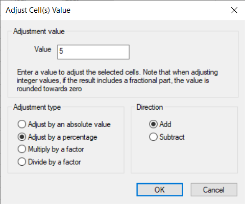 The Adjust Cell(s) Value dialog box, which contains adjustment value, adjustment type, and direction options.