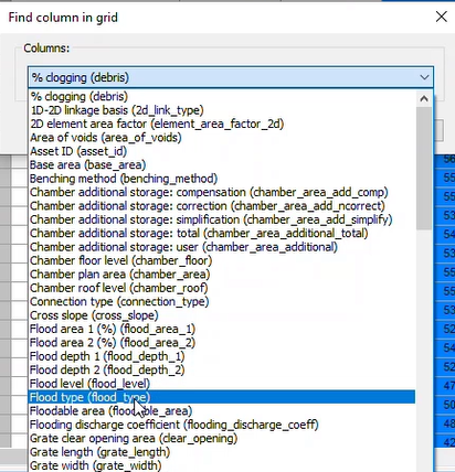 The Find column in grid dialog box, with Flood type selected in the Columns list.