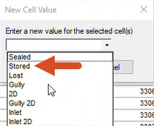 The New Cell Value dialog box, with Stored highlighted for selection from the drop-down.