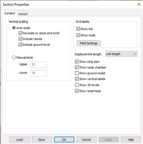 The Section Properties dialog box, for the selected long section window, with the Content tab active, which lists vertical scaling, grid labels, and other display options for various components.