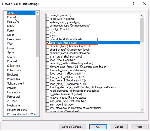 The Network Label Field Settings dialog box, with Node selected in the list of object types, and in the list of fields, ground level and flood level selected.