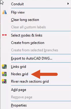 The long section window shortcut menu, with the Nodes grid option highlighted.