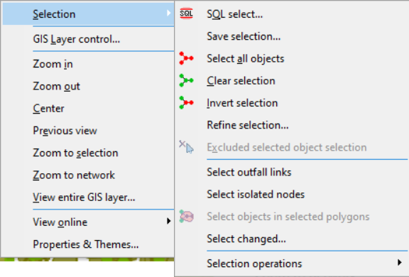 The GeoPlan shortcut menu, with the expanded Selection options flyout showing as well.