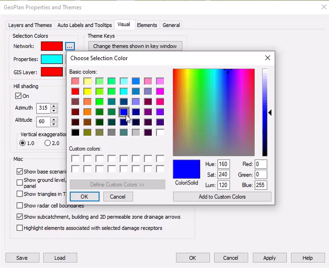 The Choose Selection Color palette open in front, with the user able to choose a new Network color in the GeoPlan Properties and Themes dialog box on the Visual tab, which is open behind.