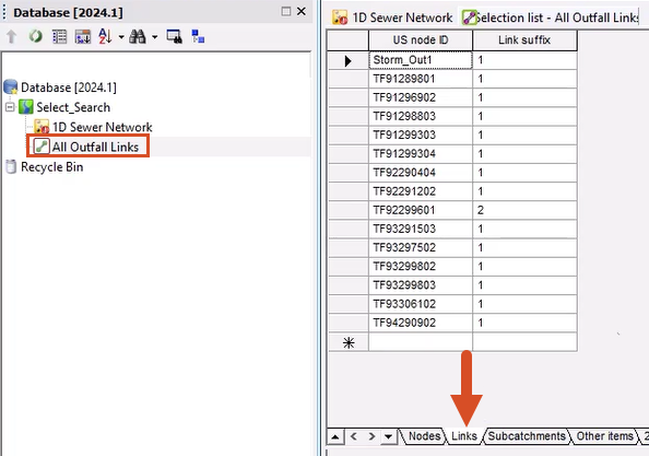 All outfall Links selection list opened as a grid, with the Links tab selected.