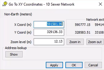 The Go To XY Coordinates dialog box, showing the X and Y coordinate fields, zoom tools, and an address lookup.