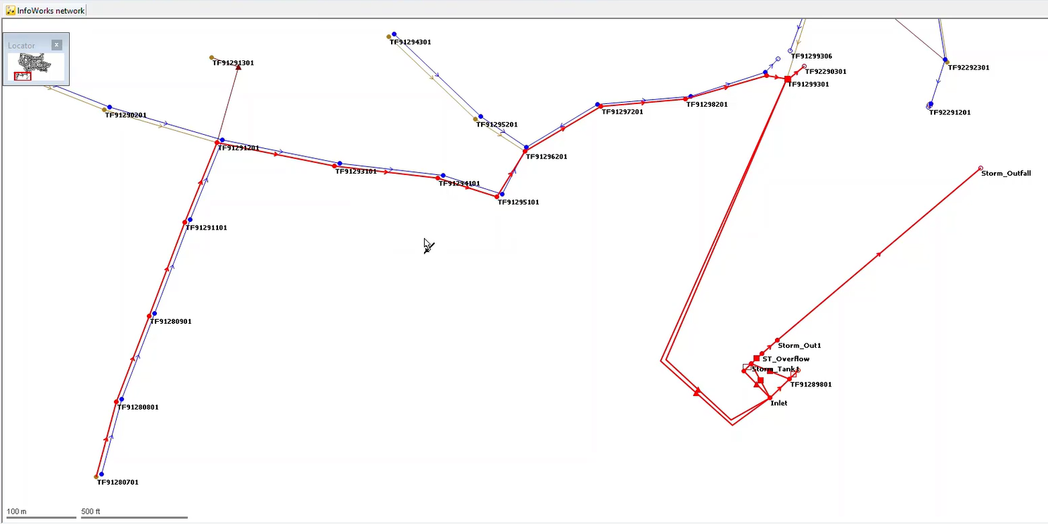 The GeoPlan, showing the results of the Trace and select links downstream tool displayed in red along the traced pipes.