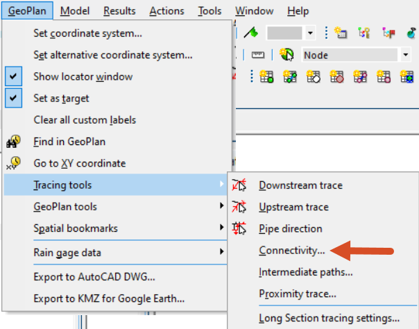 The GeoPlan menu, with Tracing tools selected and Connectivity highlighted.