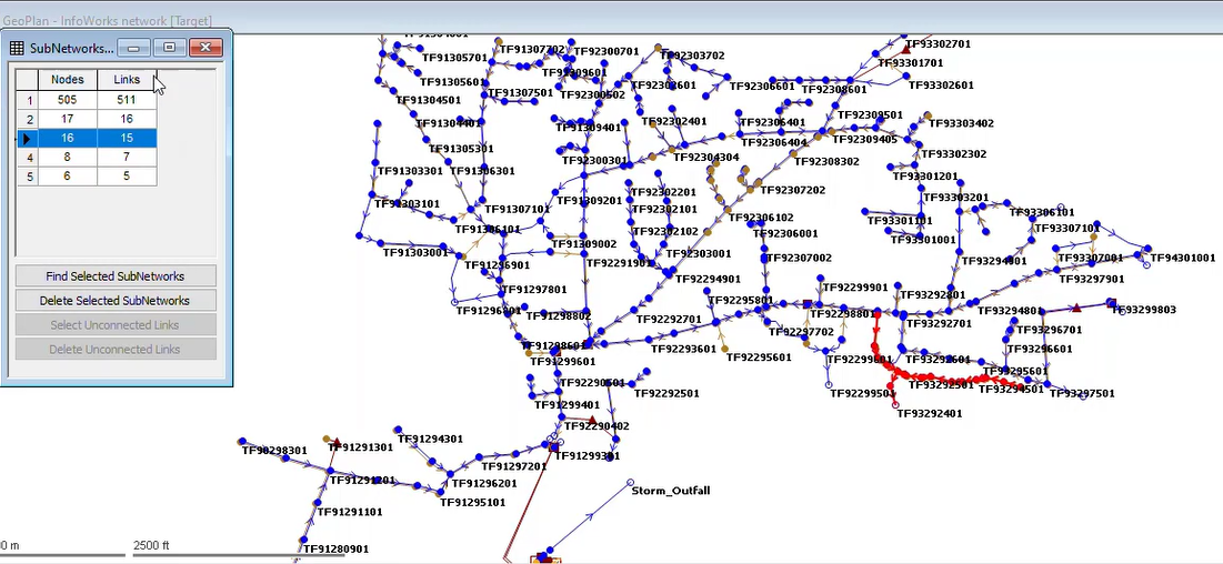 The GeoPlan Connectivity Trace view, with a list of found sub-networks highlighted in the map and listed in a SubNetworks dialog box.