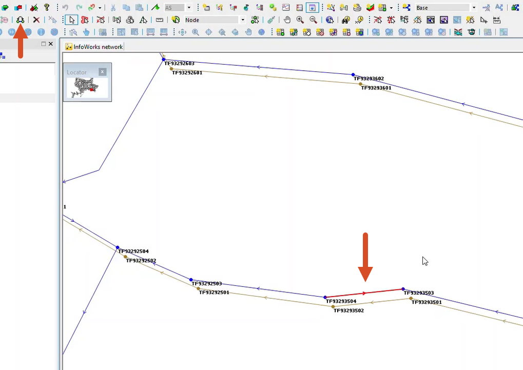 The GeoPlan showing the conduit selected as the result of the pipe direction trace, with the Reverse all selected links tool highlighted in the toolbar above.