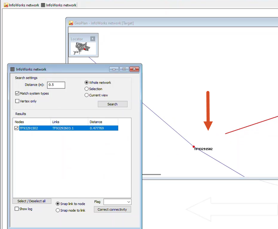 The GeoPlan showing the result of Proximity trace, which consists of a link not connected to the downstream node. The InfoWorks network dialog box is open in the foreground, with the selected node showing to be the subject of the proximity trace.