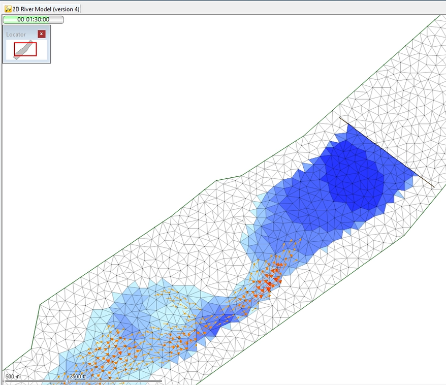 An ICM model with flood depth and flow direction themes applied, represented by varying shades of blue triangles and red arrows, respectively.