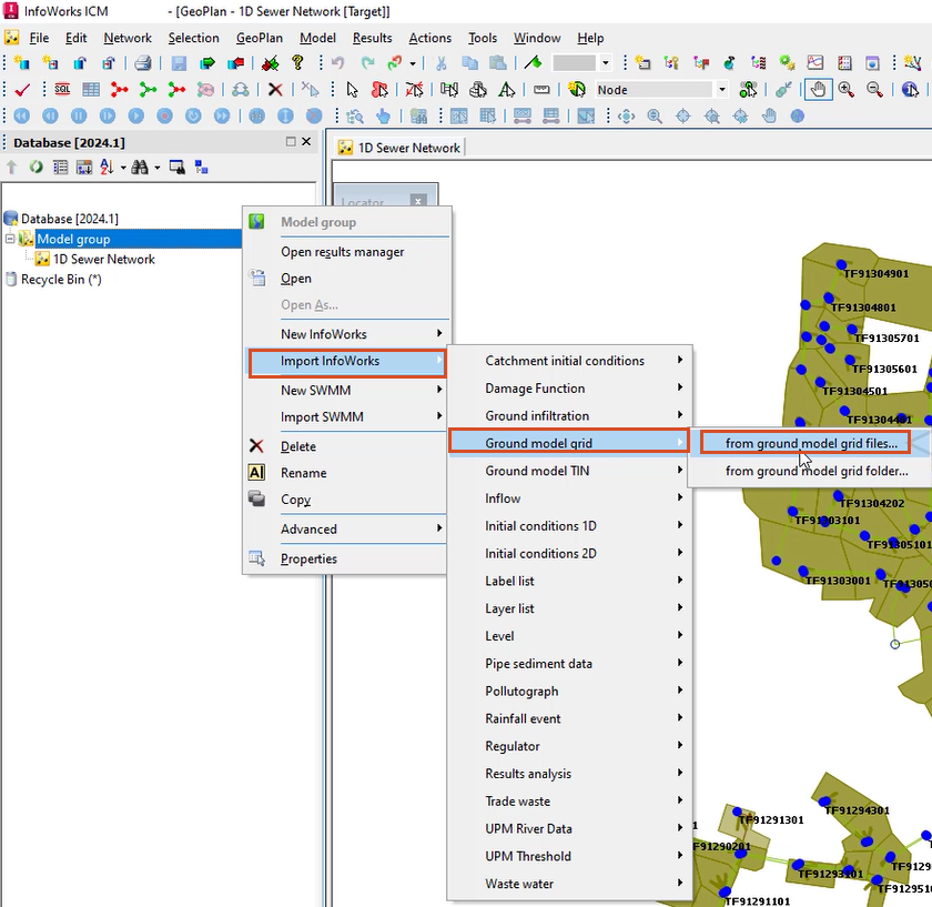 In the InfoWorks ICM interface, the model group shortcut menu with Import InfoWorks selected, Ground model grid selected in the flyout, and from ground model grid files selected.