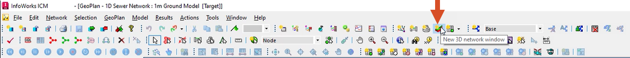 The InfoWorks ICM toolbars, with New 3D network window selected in the Windows toolbar.