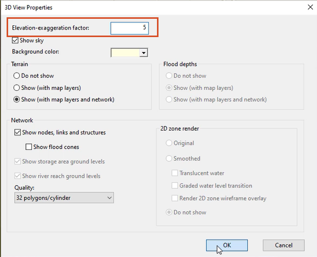 The 3D View Properties dialog box with the Elevation-exaggeration factor set to 5 and highlighted, and OK selected.