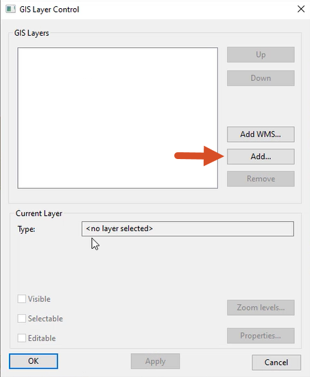 The GIS Layer Control dialog box with the Add button highlighted.