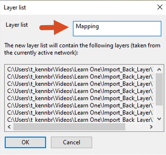 The Layer List dialog box, with the name Mapping entered and highlighted in red, and a list of layers to be included in the list.