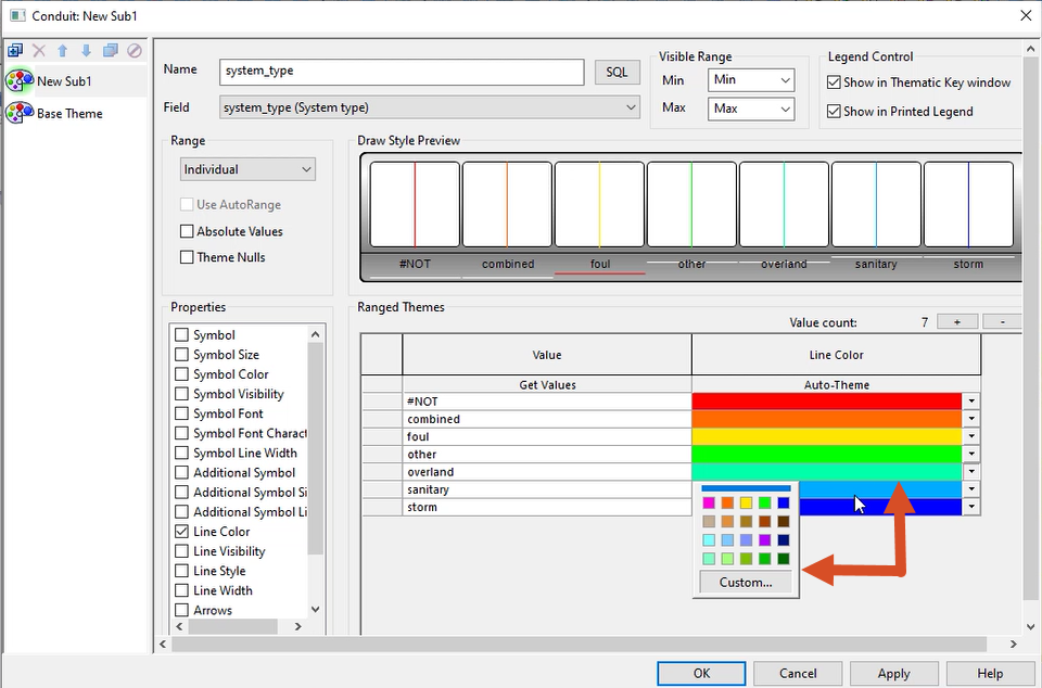 The Layer Theme Editor for Conduit, with the drop-down color palette expanded for one of the Line Colors, with a red arrow connecting that field to the palette.