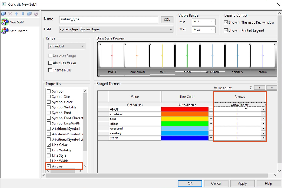 The Layer Theme Editor for Conduit, with Arrows selected under Properties, and in the highlighted Arrows column, Auto-Theme selected.