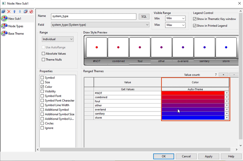 The Layer Theme Editor for Node, with the Color column highlighted and a new color theme displayed.