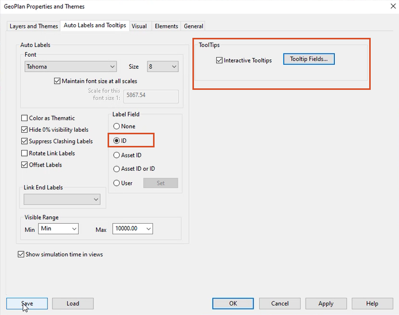 GeoPlan The Properties and Themes dialog box, Auto Labels and Tooltips tab, with the default Label Field and ToolTips options highlighted.